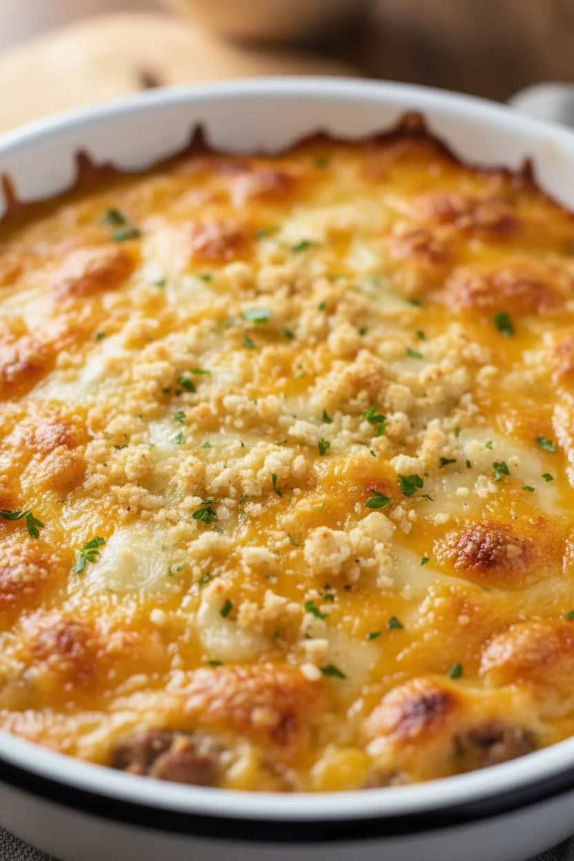 1. Close-up of golden, bubbly hamburger casserole topping fresh from the oven—melted sharp cheddar and mozzarella with a