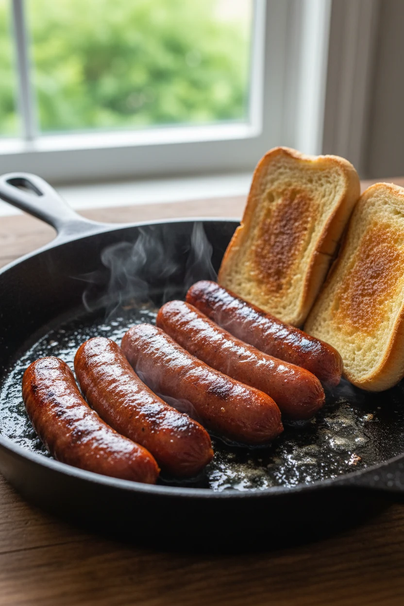 Cooking process close-up: blistered hot dogs sizzling in a cast-iron skillet, skin crackling with light char, butter-toa