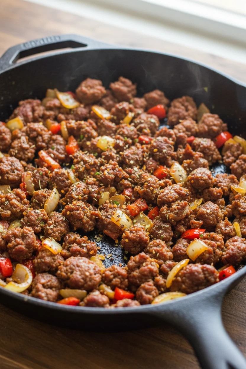Close-up of deeply browned Italian sausage crumbles sizzling with diced onion and red bell pepper in a wide skillet; car