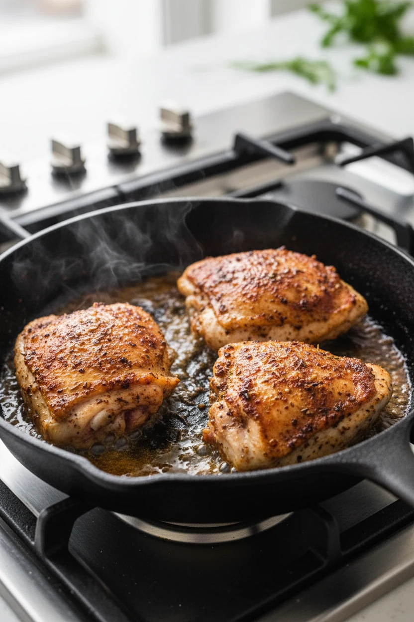 Close-up of sizzling seared chicken thighs in a cast-iron skillet, paprika-cumin crust, caramelized edges and glistening