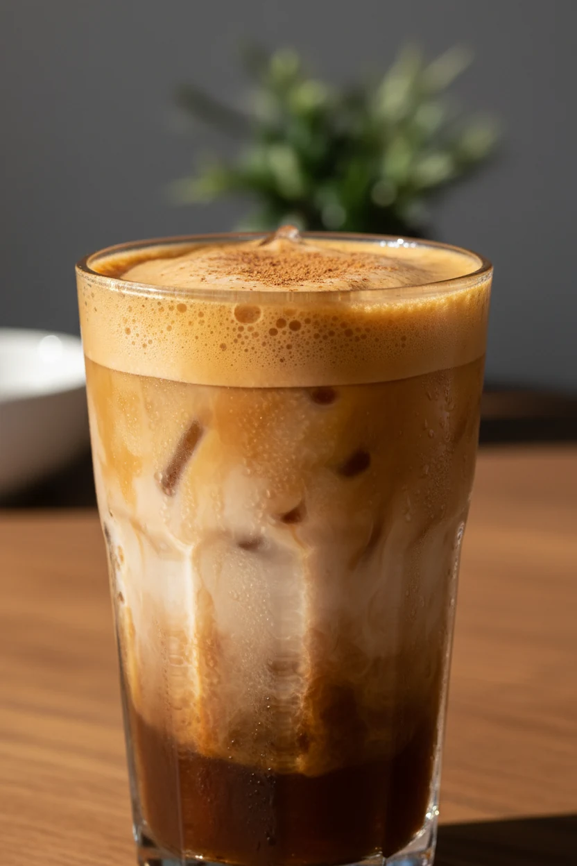 1. Close-up detail of Iced Brown Sugar Shaken Espresso: frothy crema from a 10–15 second shake, oat milk gradient over f