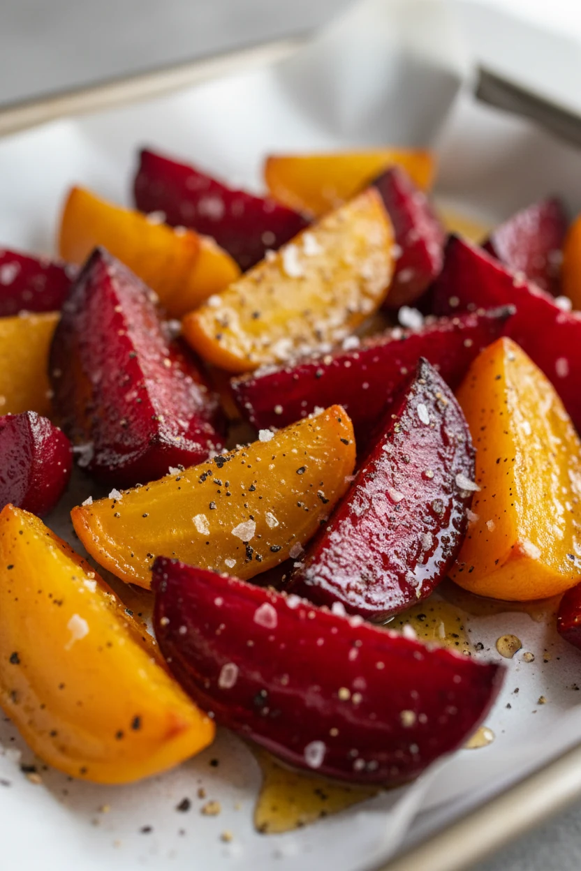 Close-up of roasted red and golden beet wedges with caramelized edges, glossy orange‑zest citrus–garlic glaze, flecks of