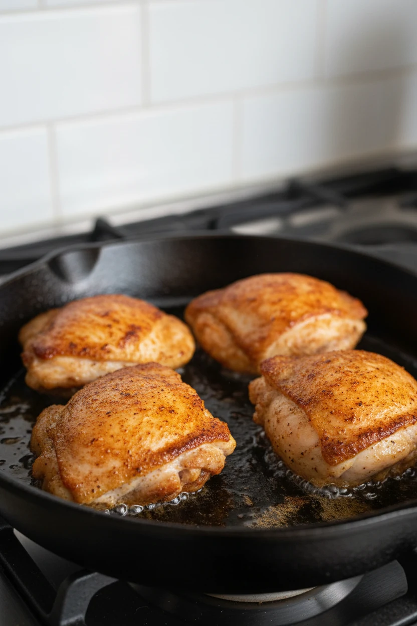 Boneless, skinless chicken thighs searing presentation-side down in a preheated cast-iron skillet, deep golden crust wit