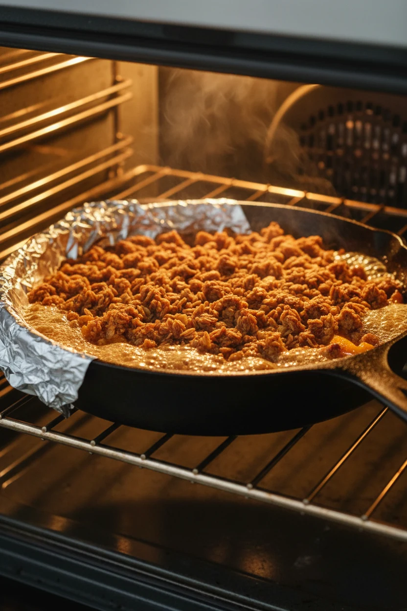 Cooking process: peach crisp in a 10-inch cast-iron skillet on the middle rack at 375°F, juices visibly bubbling at the 
