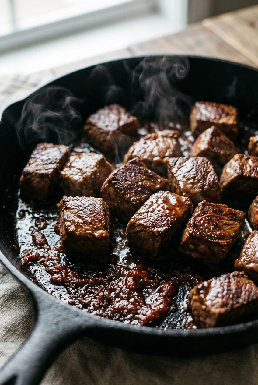Close-up of seared beef chuck cubes in a cast-iron skillet with tomato paste caramelized into the fond—deep brown crust,