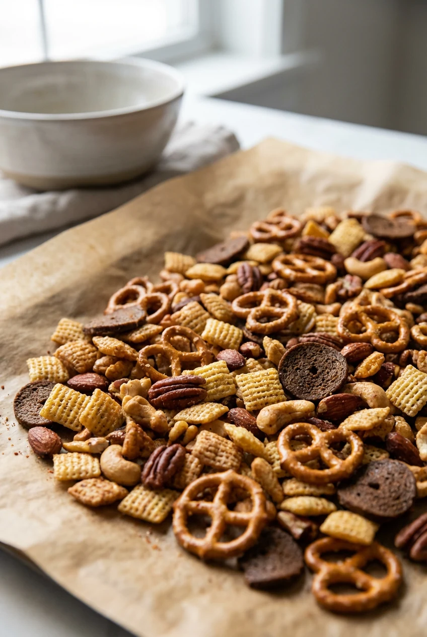 Close-up of freshly baked Chex mix (corn, rice, wheat Chex, pretzels, rye chips, mixed nuts) cooling on parchment, glist