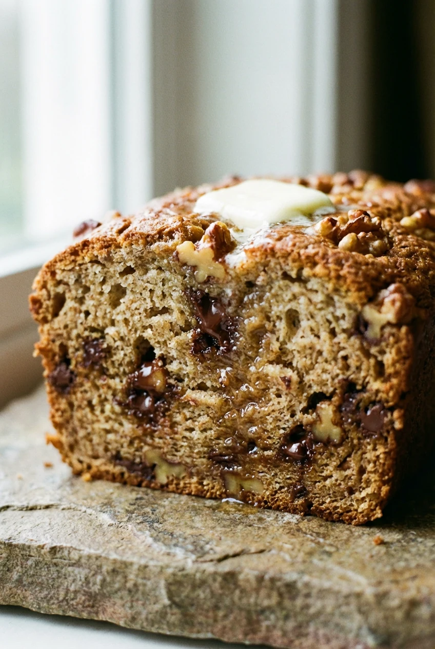 Close-up of a thick slice of banana bread showing a moist, tender crumb with glossy chocolate chips and walnut flecks, g