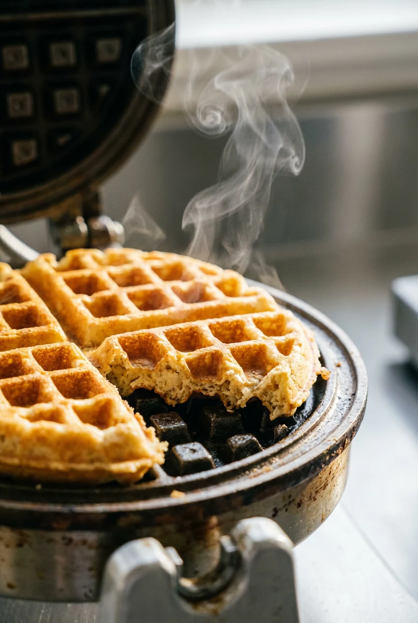 Golden protein-oat waffle in an open waffle iron, steam curling up; close-up of crisp golden grid and tender interior at