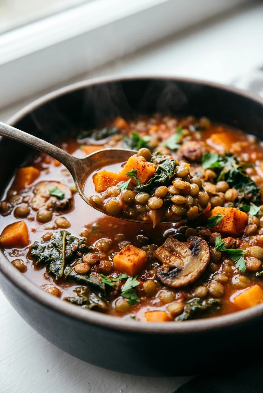 1. Close-up of a spoon lifting the one-pot lentil and veggie stew, showcasing tender lentils, small sweet potato cubes, 