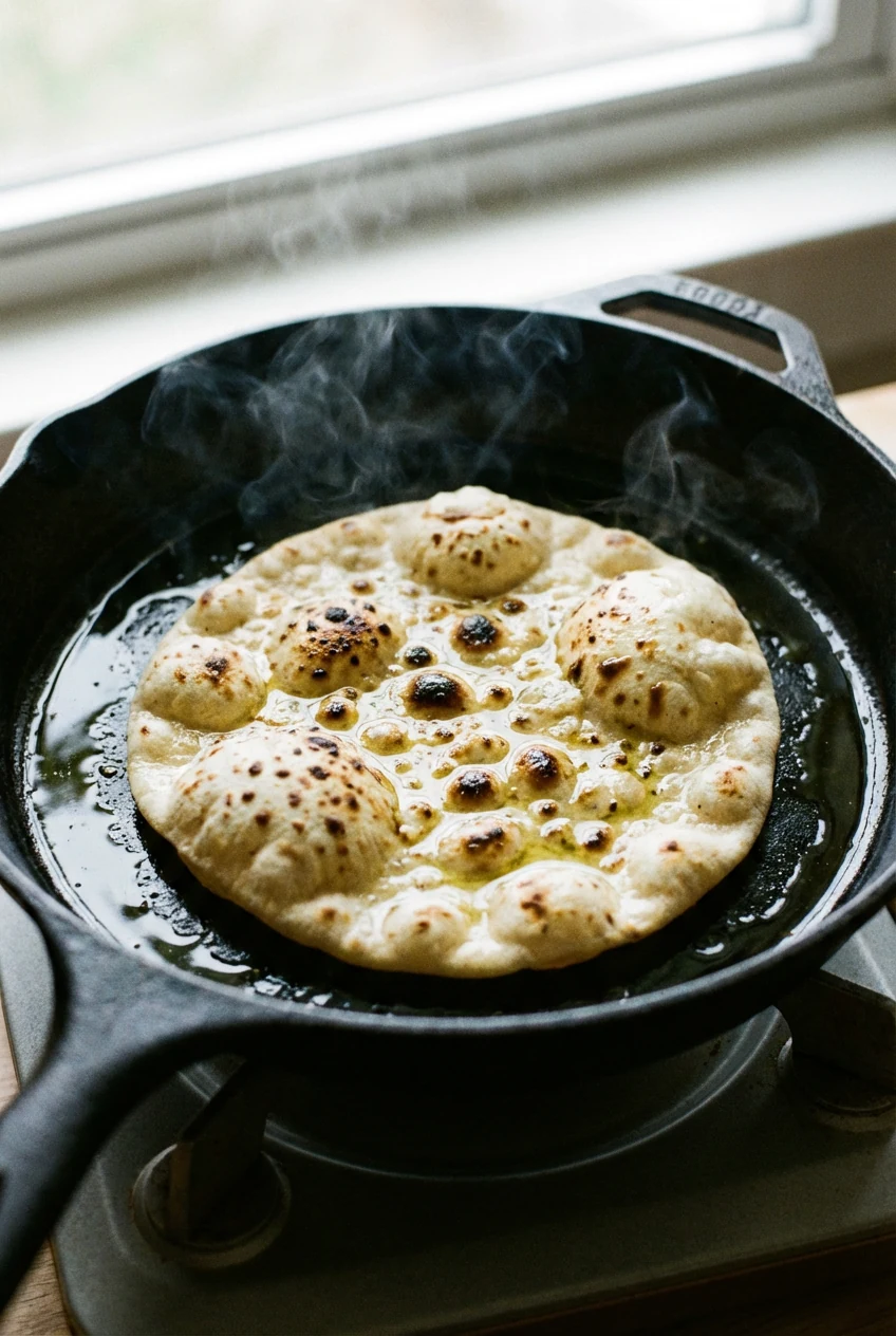 Cooking process: cast-iron skillet flatbread on medium-high, bubbles rising and golden spots forming in a shimmering oli