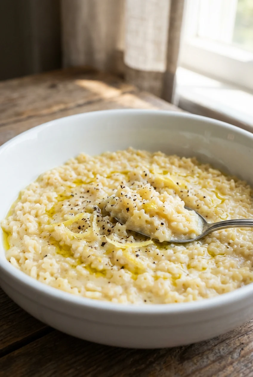 Close-up of silky pastina coated in egg–butter–Parmesan sauce; tiny star pasta glistening with olive oil, speckled black