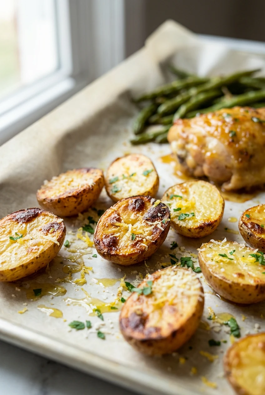 Close-up of caramelized baby gold potato halves with crisp edges, flecks of Parmesan and lemon zest, tiny parsley sprink