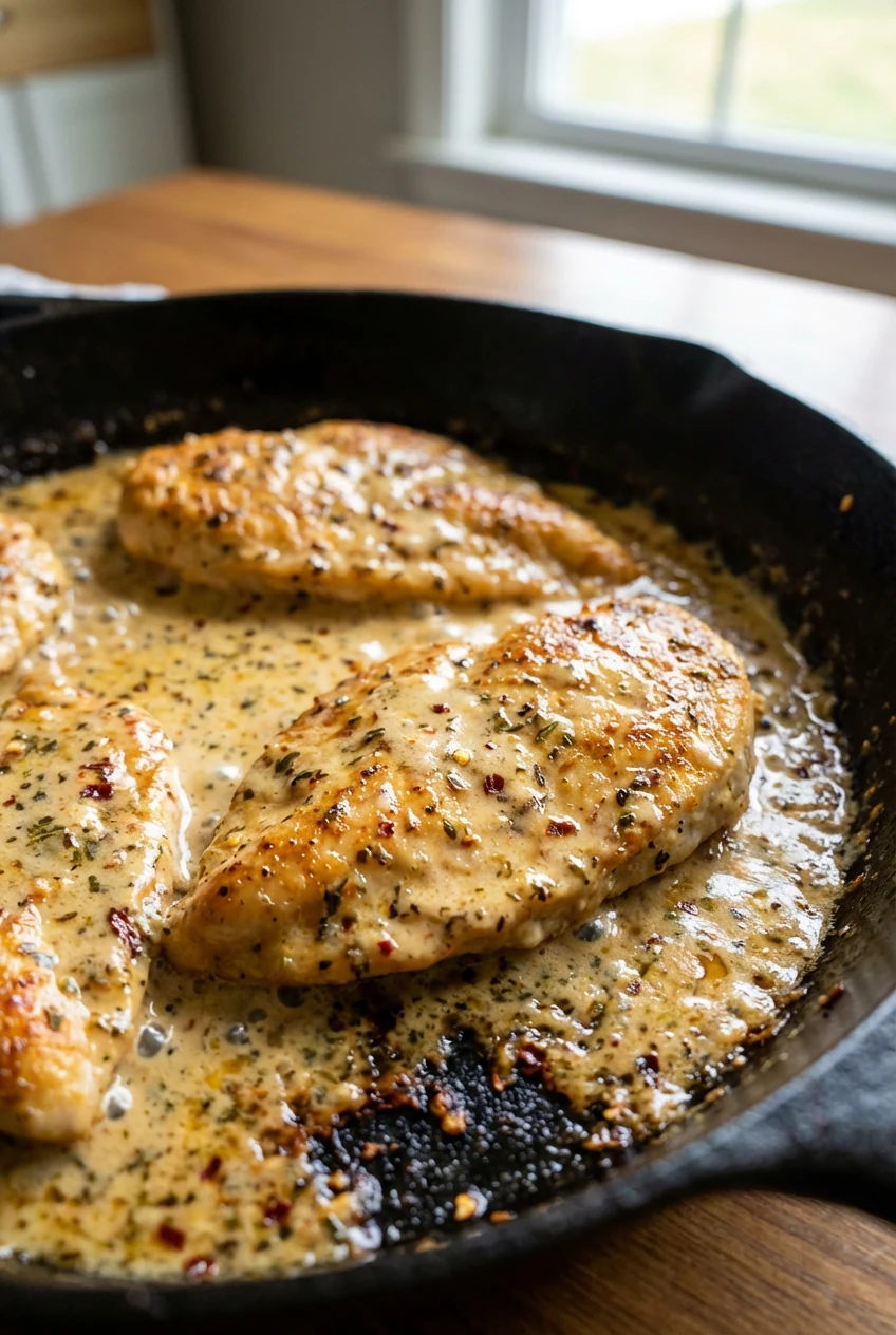 Close-up of golden-seared chicken cutlets nestled in glossy Parmesan-Dijon cream, flecked with Italian seasoning and red