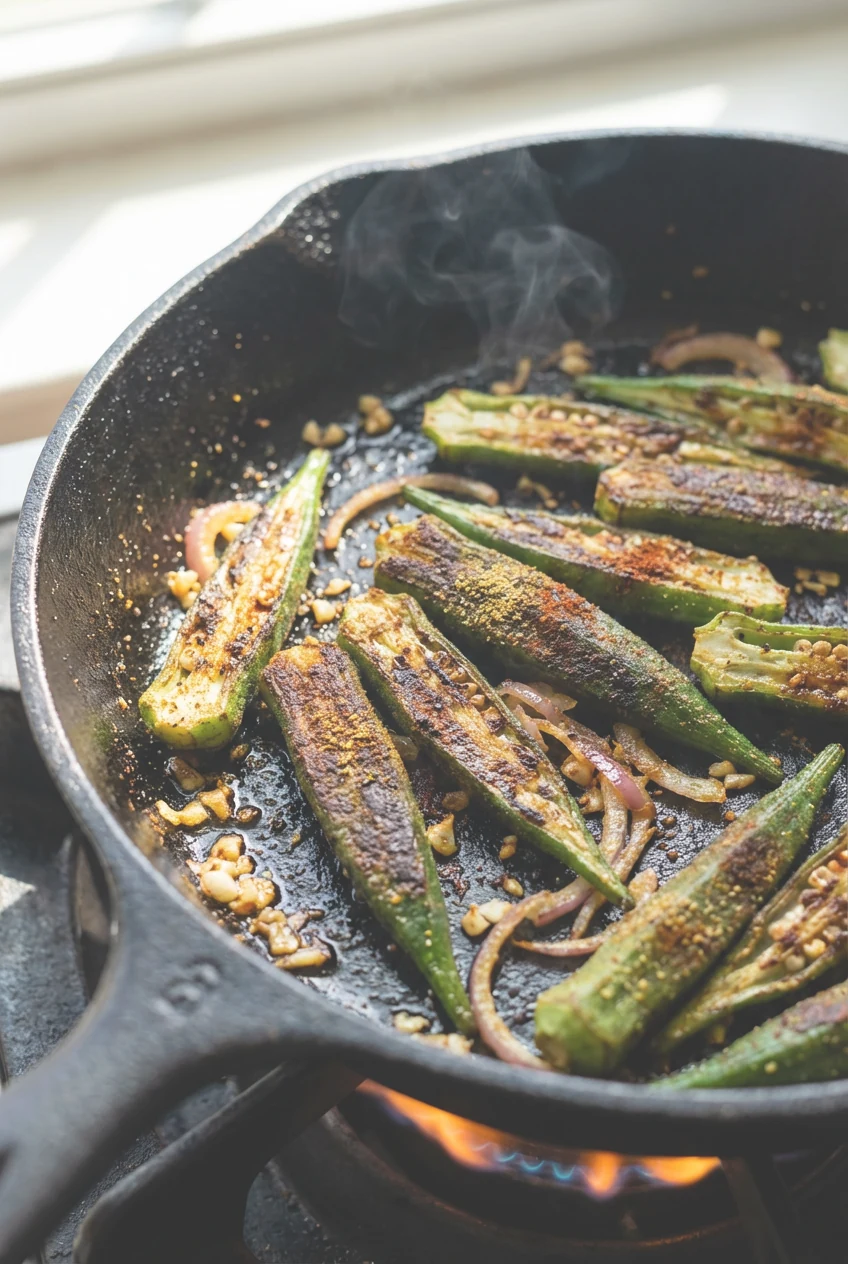 Close-up of halved okra searing cut-side down in a ripping-hot cast-iron skillet, deep brown char with a light cornmeal 