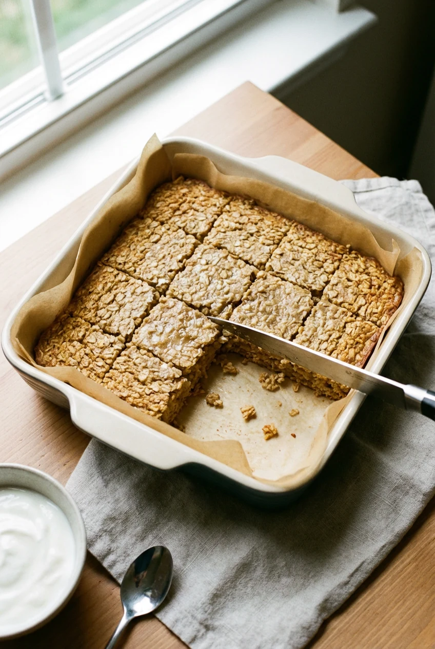Overhead process shot: baked oatmeal in a parchment-lined 9x9 pan, just cooled; knife slicing into 8 squares, golden edg