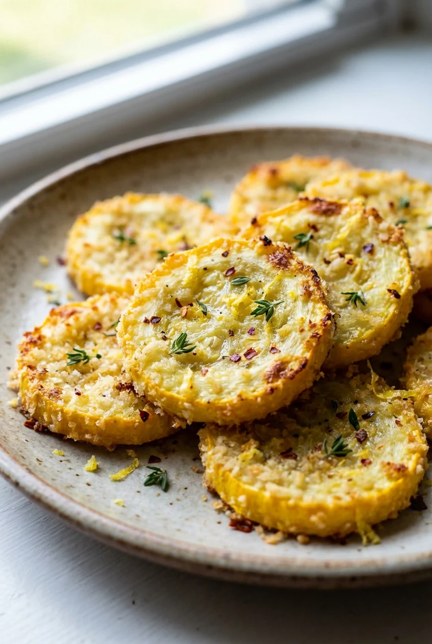 Close-up of oven-baked yellow squash rounds with golden panko-Parmesan crust; crispy edges, tender centers; lemon zest, 
