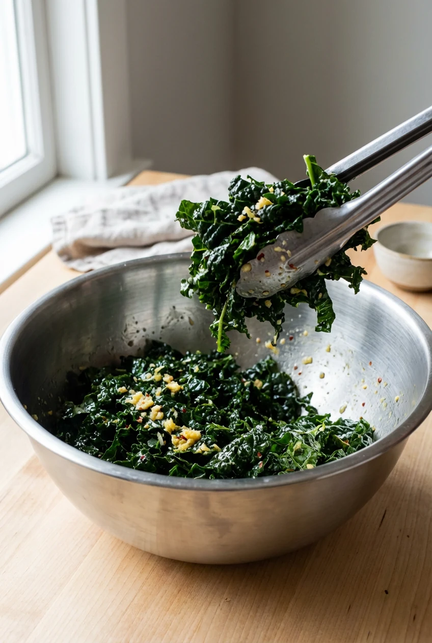 1. Cooking process: Finely chopped kale being tossed with the Master Lemon-Dijon dressing in a large stainless bowl—leav