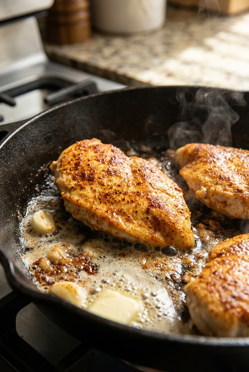 1. Close-up of golden-seared chicken cutlets sizzling in a 12-inch skillet, paprika-tinted crust with pepper specks, but