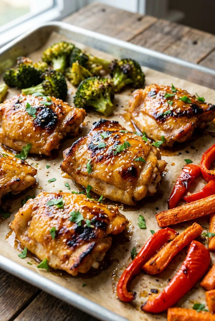 Close-up of golden, honey-garlic glazed chicken thigh pieces on a parchment-lined sheet pan with caramelized broccoli, r