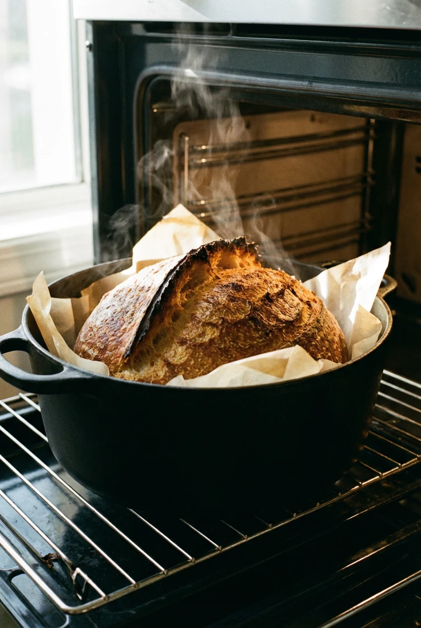Cooking process: Dutch oven boule mid-bake with lid off, deep golden crust forming and a dramatic scored ear, steam visi