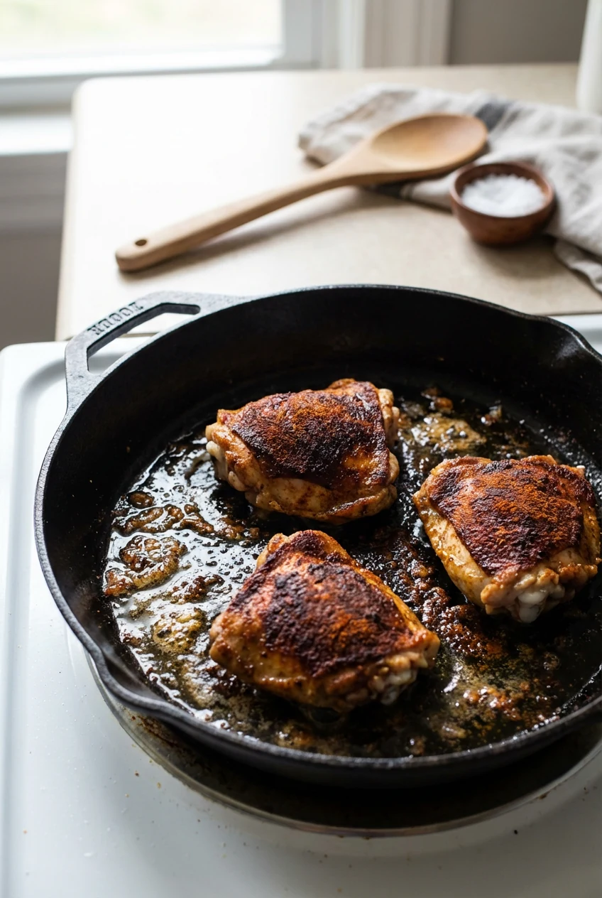 1. Searing smoked paprika–rubbed chicken thighs in a 12-inch cast-iron skillet, deeply golden crust with sizzling olive 