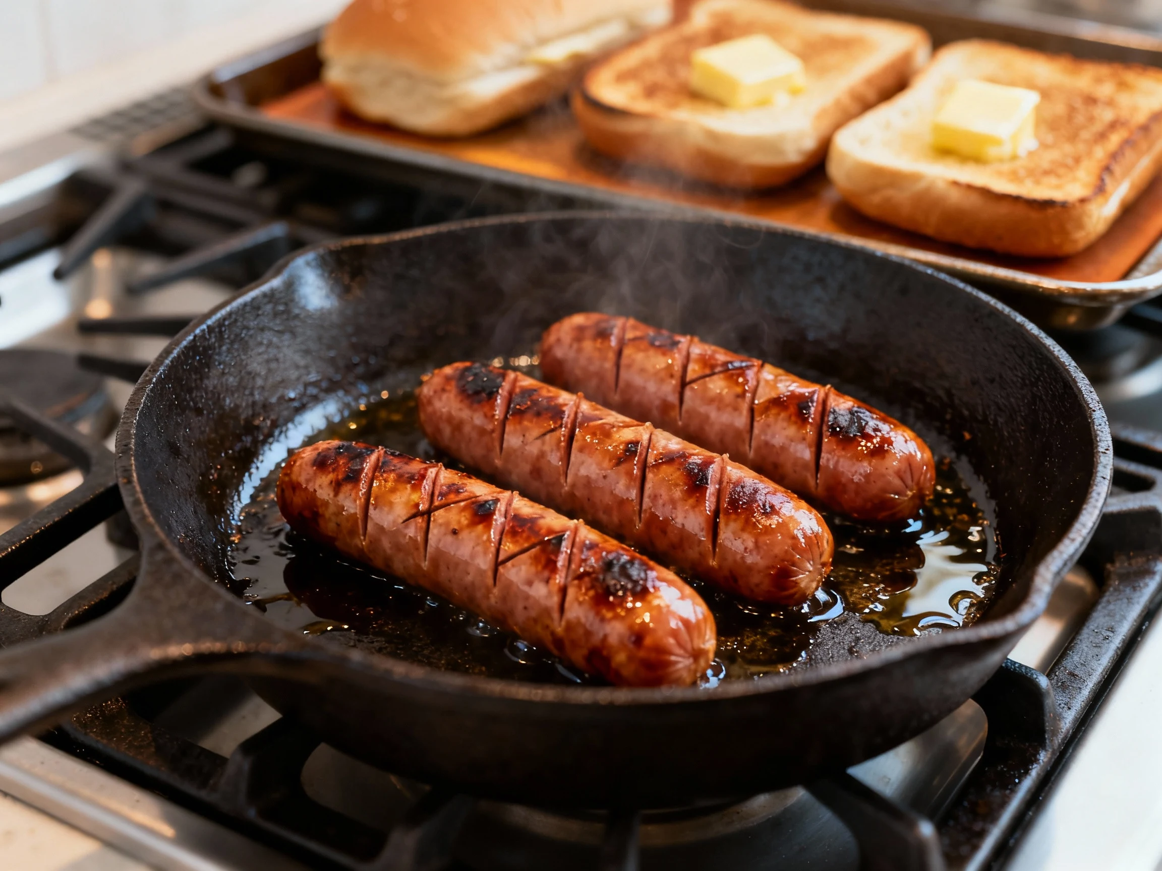 Food photography, Scored hot dogs searing in a hot cast-iron skillet after a brief steam, blistered taut casings with de