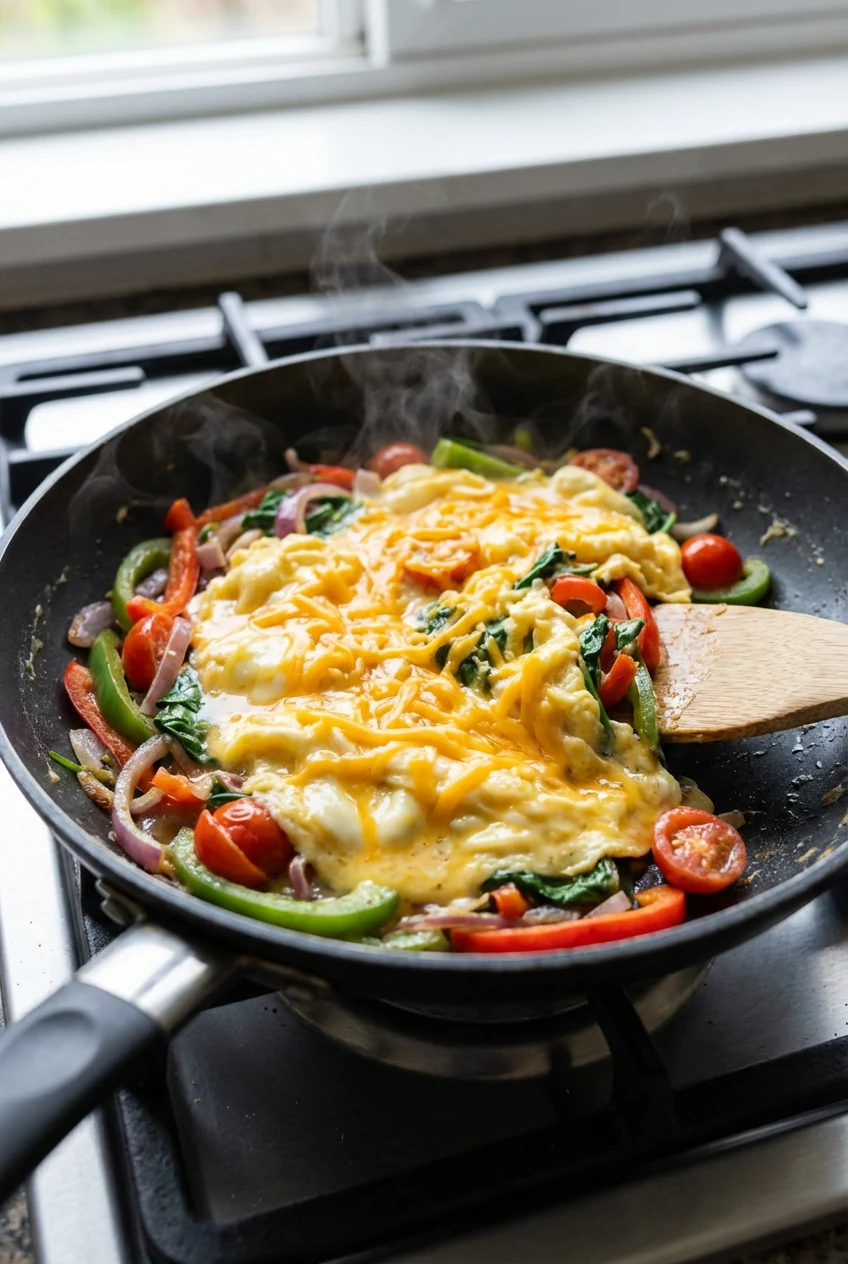 One-pan breakfast scramble mid-cook in a nonstick skillet: eggs gently folded into soft, glossy curds over sautéed bell 