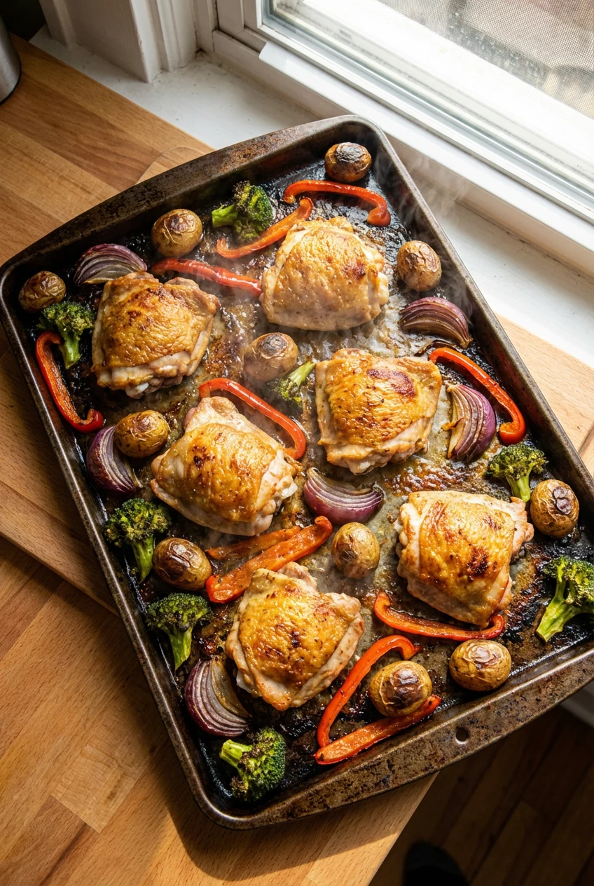 Cooking process: Overhead shot of a ripping-hot preheated sheet pan at 450°F with bone-in, skin-on chicken thighs skin-s
