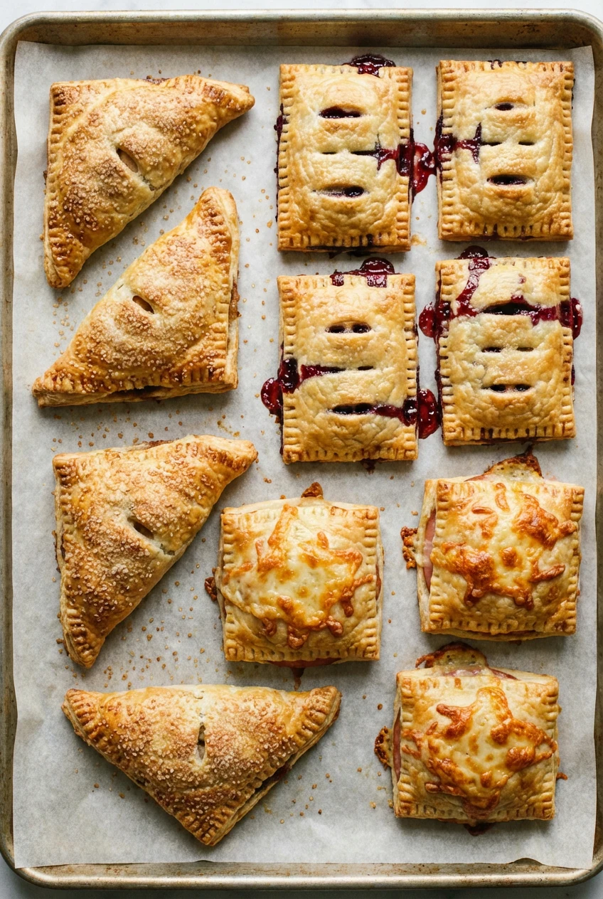 Overhead shot of mixed rough-puff hand pies: apple-cinnamon turnovers with coarse sugar sparkle, berry-jam rectangles wi
