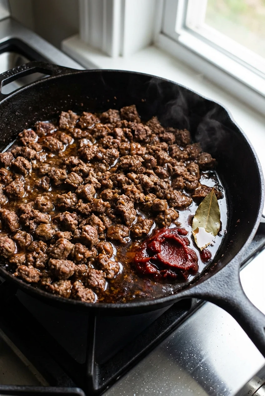 Close-up of deeply browned minced beef in a wide skillet; tomato paste caramelized to brick red just after soy and Worce
