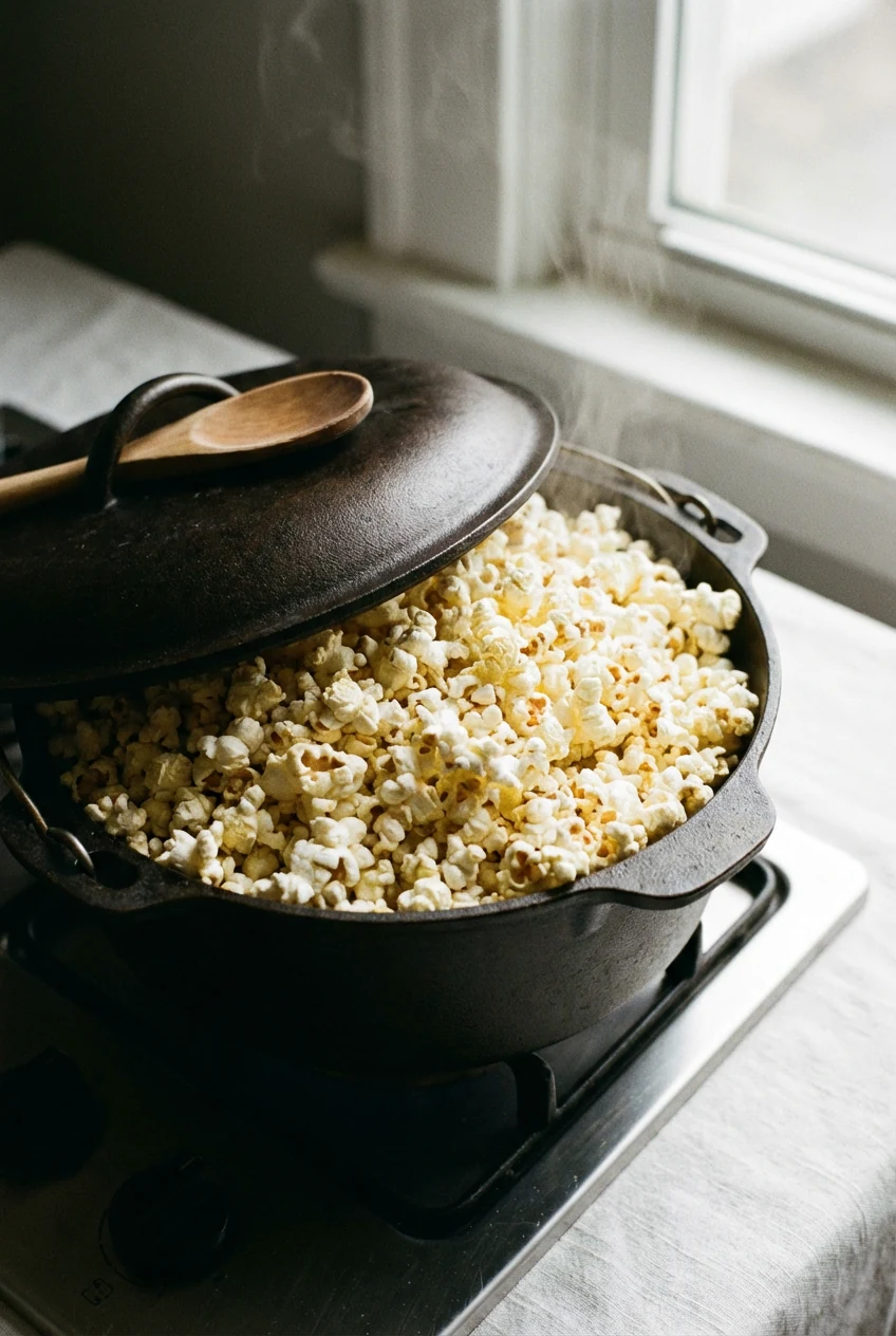 Stovetop process: freshly popped popcorn in a heavy Dutch oven with the lid slightly ajar to vent—crisp, airy kernels pi