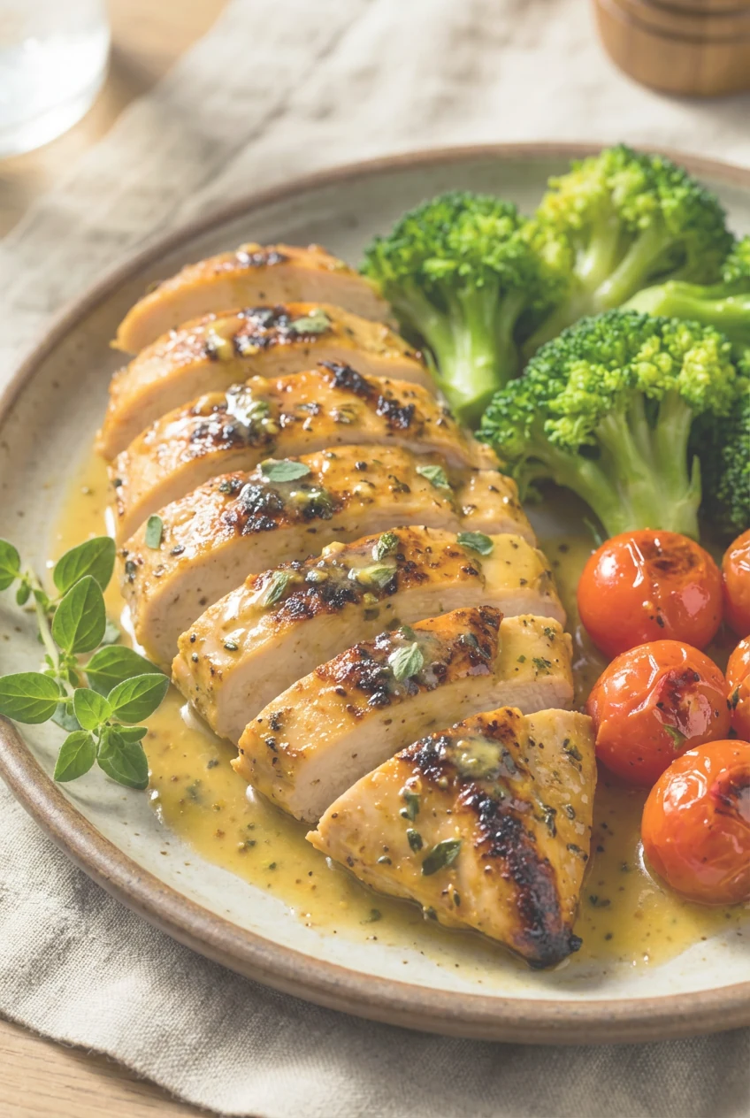 1. Close-up of golden, lemon-herb chicken slices glistening with bright Dijon pan sauce, oregano flecks, and charred edg