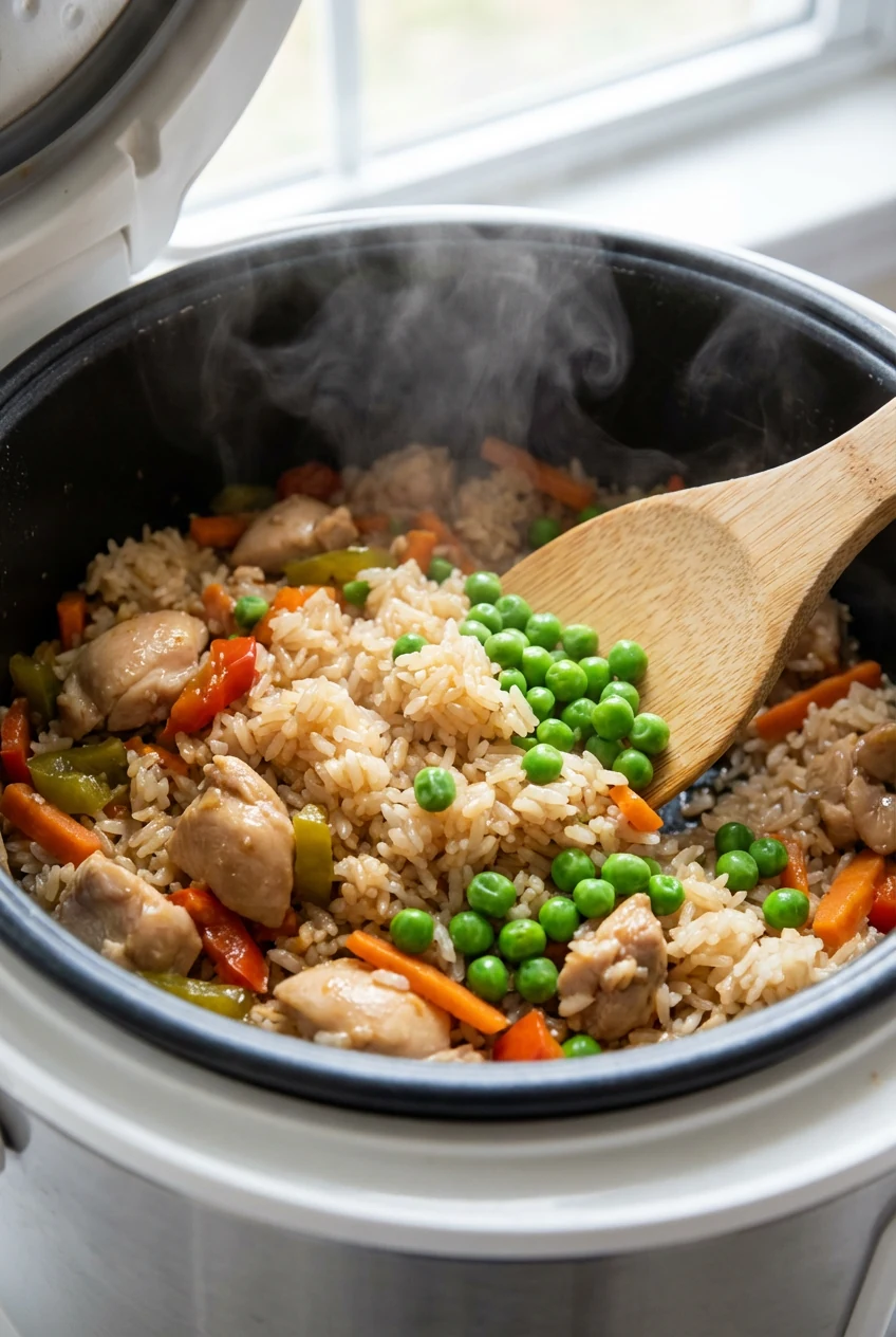 Rice cooker interior right after the cycle: fluffy jasmine rice with soy–sesame gloss, tender chicken, carrots, and bell