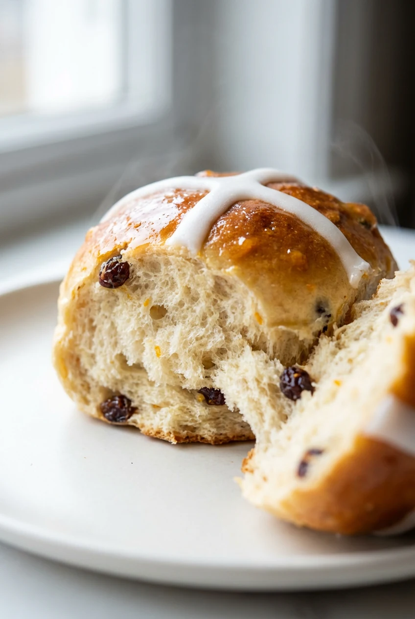 1. Close-up of a freshly baked hot cross bun torn open, showing pillowy airy crumb studded with currants and tiny orange