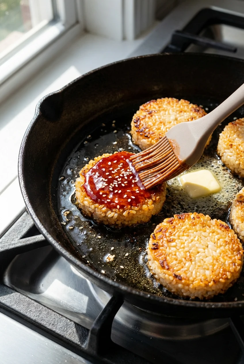 Cooking process: Cast-iron skillet with compact 2.5-inch rice cakes searing to deep golden brown, shimmering neutral oil