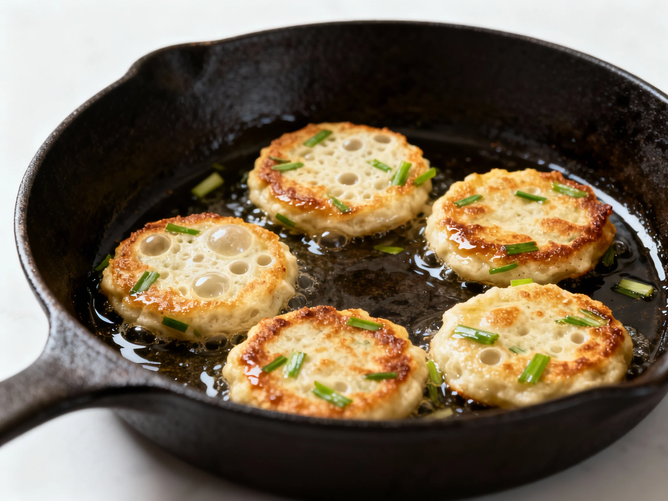 Food photography, Sourdough discard scallion pancakes sizzling in a preheated cast-iron skillet; 1/4-cup rounds with act