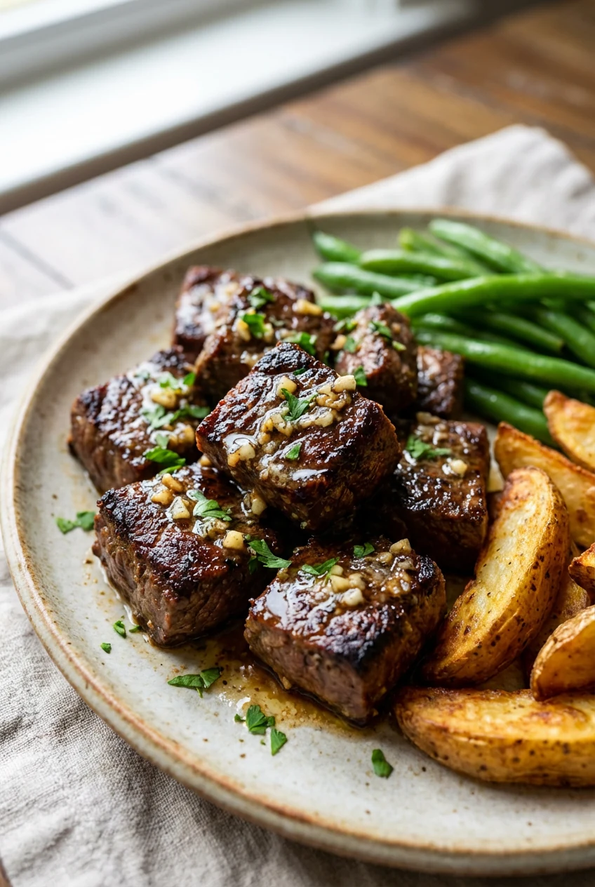 1. Close-up of seared beef cubes with steakhouse crust, glossy garlic-butter umami glaze, minced garlic specks, parsley,