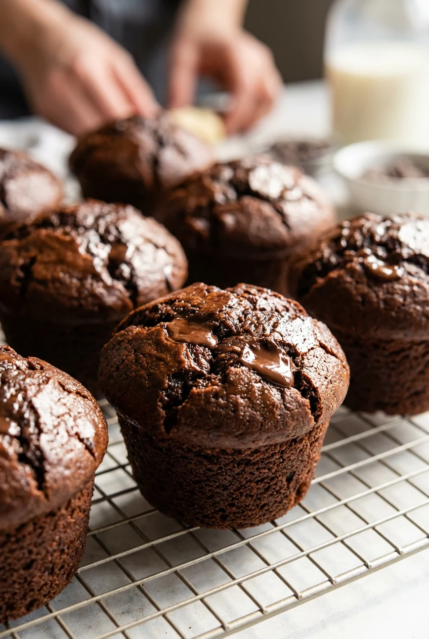 Close-up of double chocolate muffins with cracked, glossy domes and molten chocolate chips in a cocoa-rich crumb; shallo