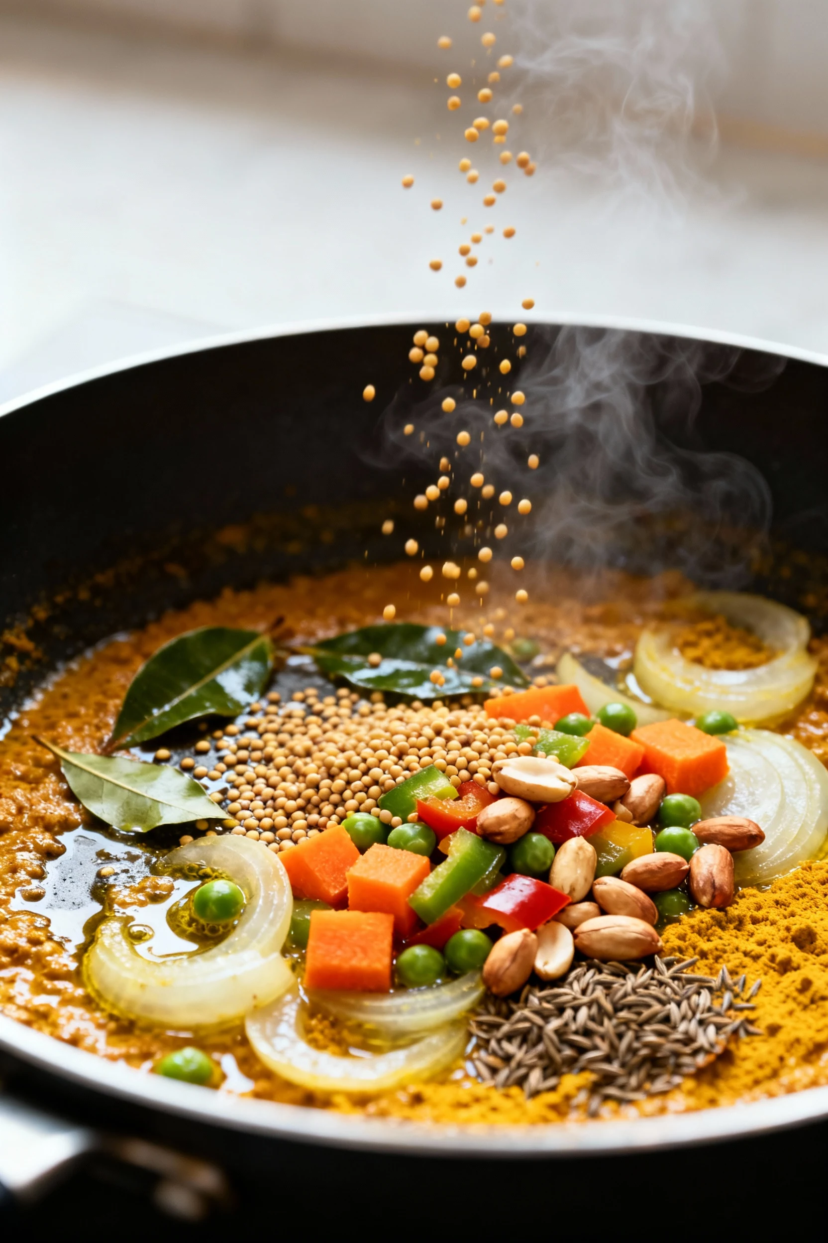 Cooking process: masala base sizzling in a wide skillet—mustard seeds popping, cumin and curry leaves crackling in oil, 