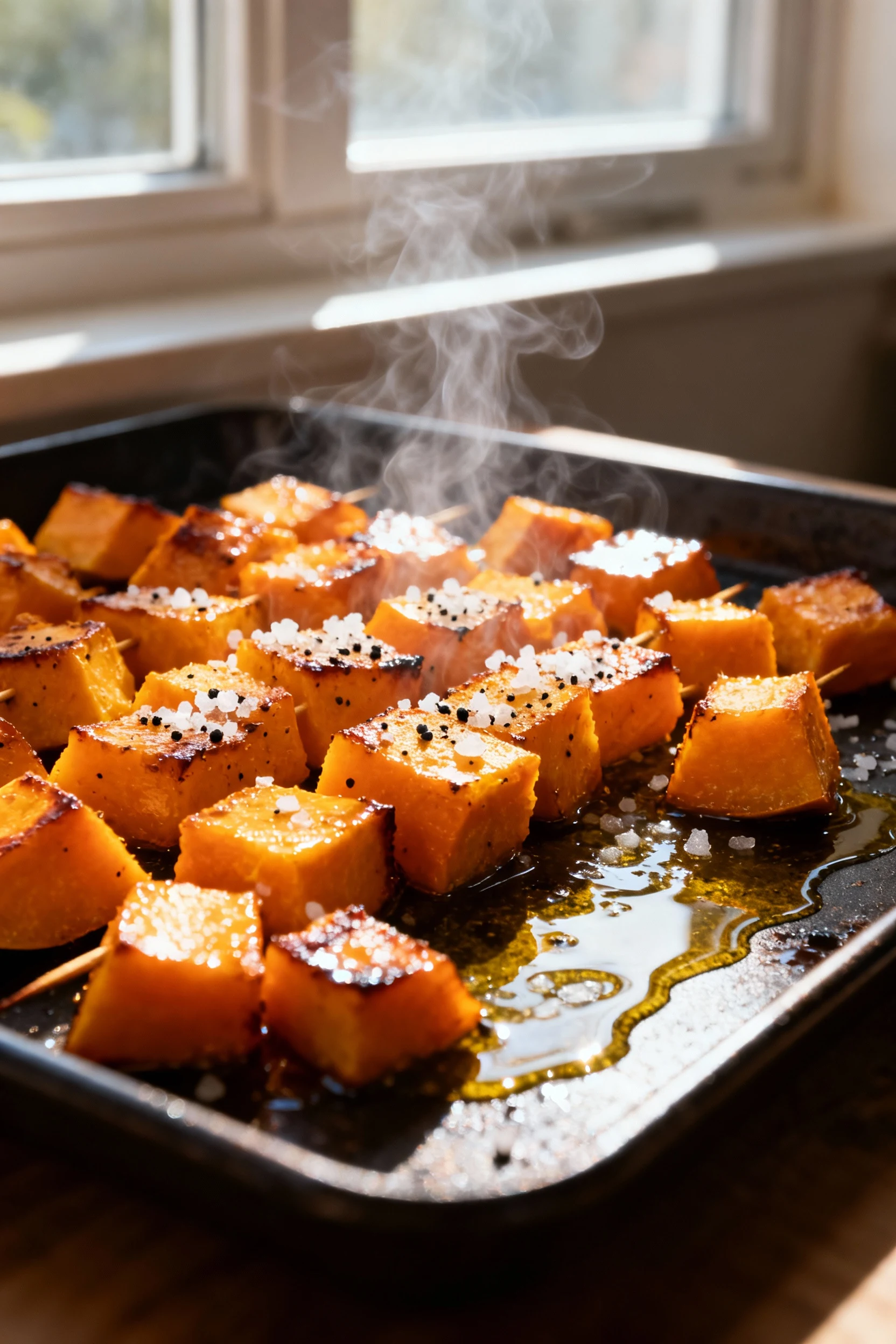 Close-up of caramelized roasted kabocha/butternut squash cubes on a dark sheet pan, glistening olive oil with kosher sal