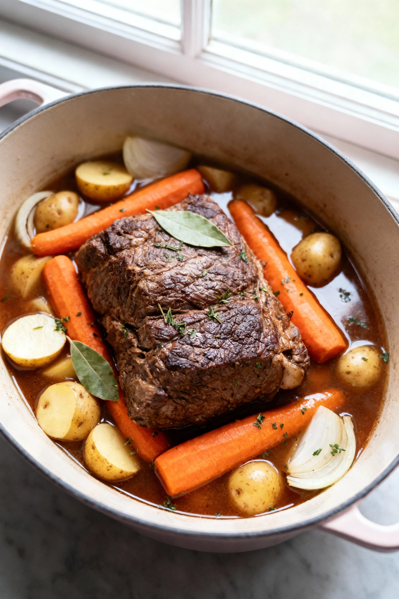 Overhead shot of a slow cooker mid-braise: browned chuck roast nestled on a raft of chunky carrots, halved baby potatoes