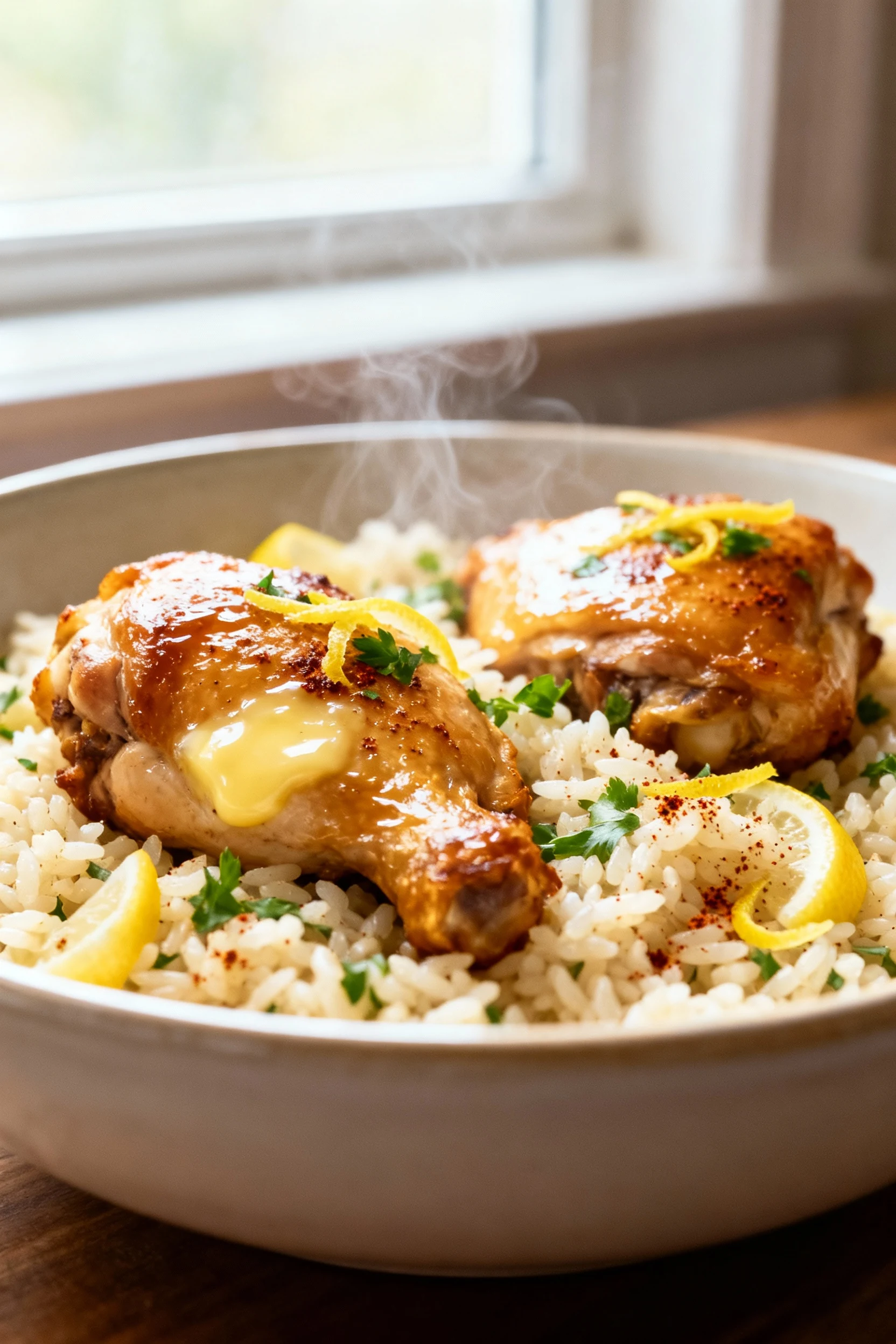 Close-up of golden-brown chicken thigh pieces nestled in fluffy lemon-herb rice; glossy butter finish, lemon zest and ch