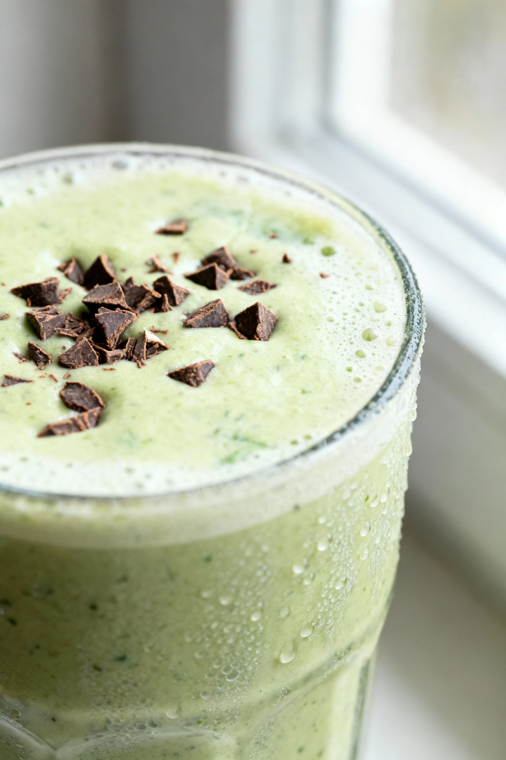 Close-up of the Mint Chip Clean Energy smoothie: silky pale-green spinach-and-mint blend with cacao nib flecks and light