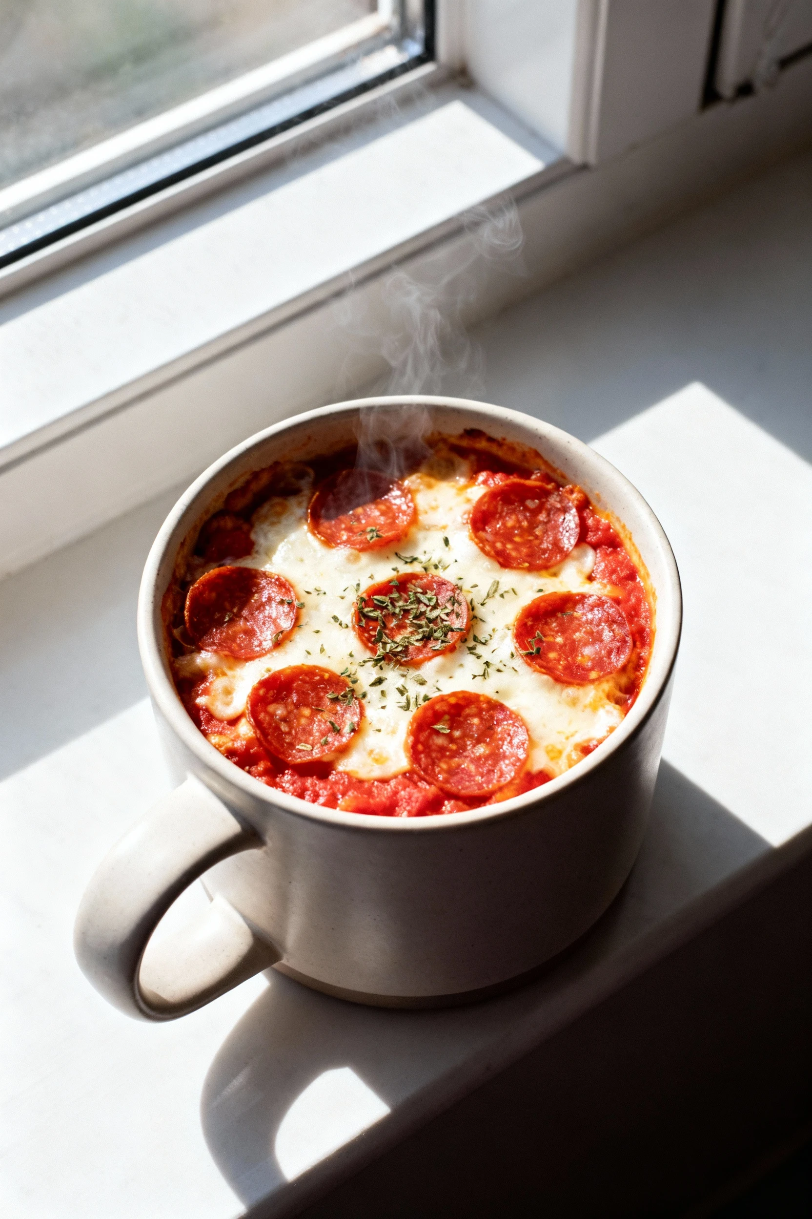 Overhead shot of Mug Pizza in a wide ceramic mug: melted mozzarella bubbling over bright pizza sauce, mini pepperoni and