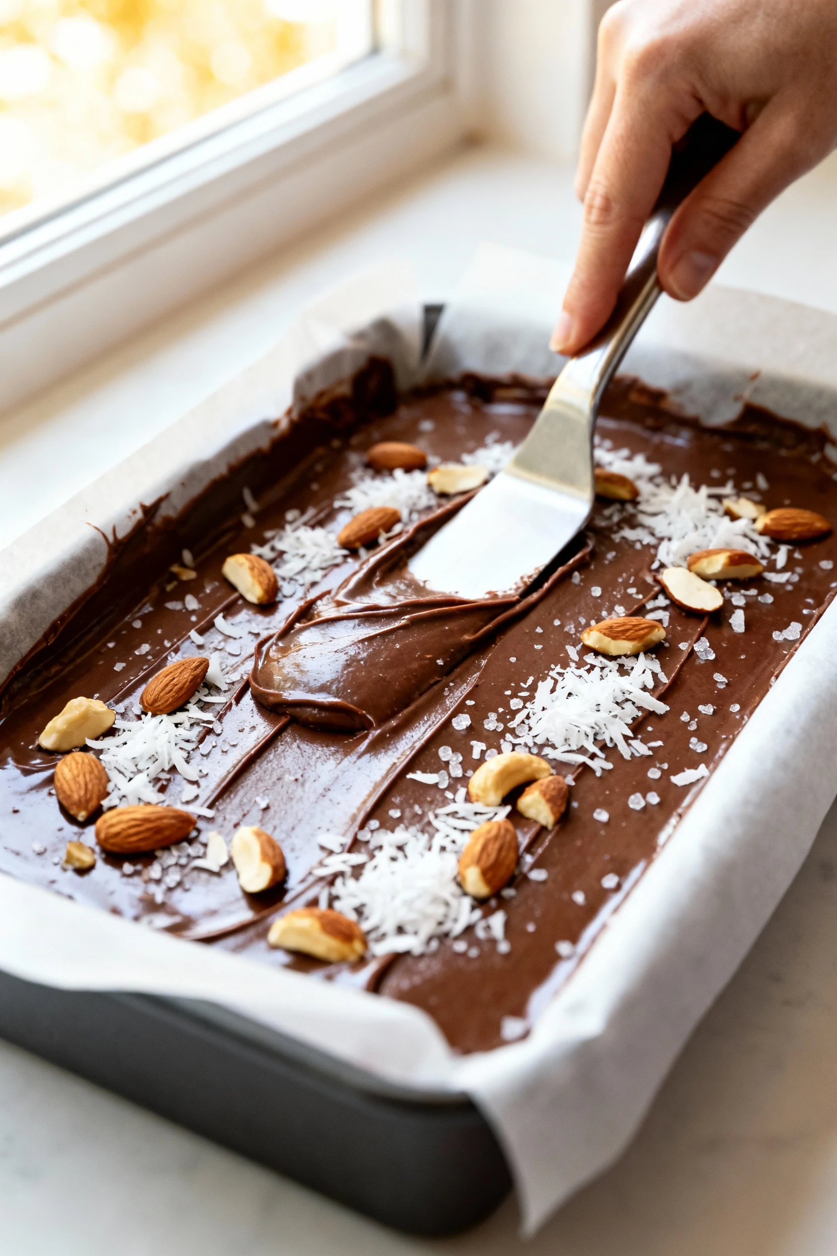 Cooking process: Glossy chocolate peanut butter freezer fudge being smoothed with an offset spatula in a parchment-lined