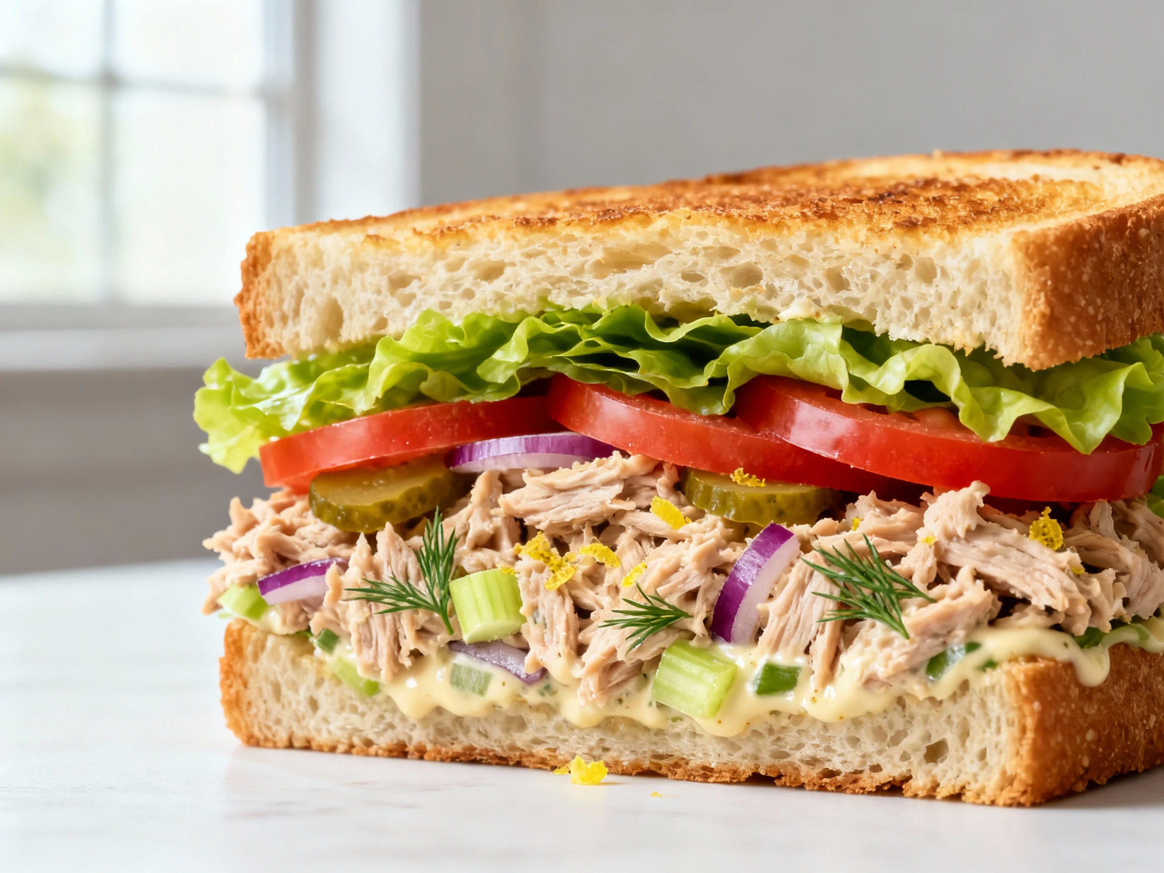 Food photography, Close-up cross-section of a classic tuna sandwich: golden toasted sourdough, crisp butter lettuce barr
