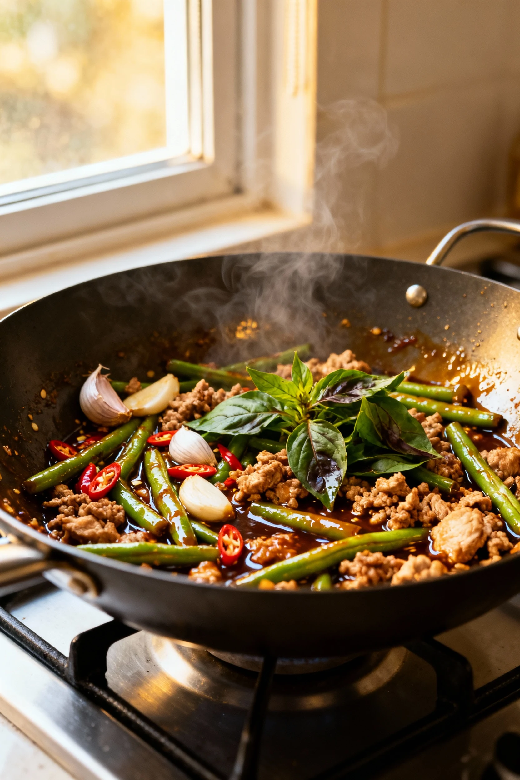 1. Cooking process: Thai basil chicken stir-fry in a blazing-hot wok, garlic and chopped Thai chiles sizzling, ground ch