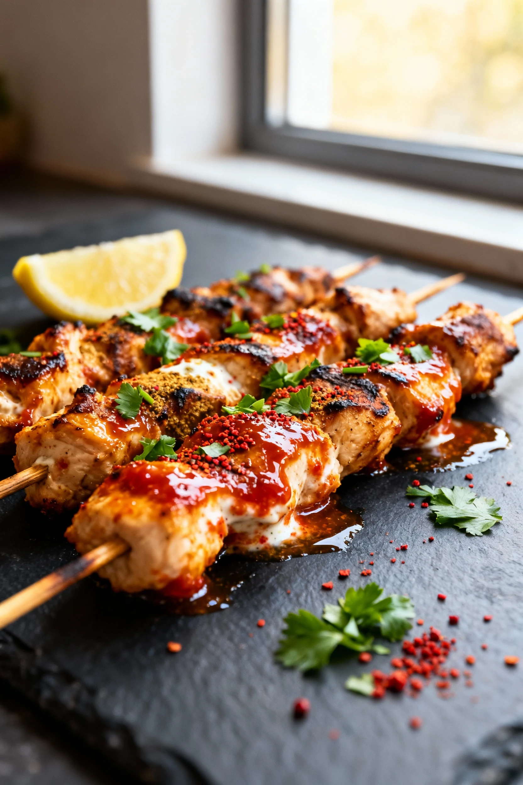 Close-up of charred Turkish chicken skewers (Tavuk Şiş) just off the heat, yogurt–tomato paste glaze caramelized with pa