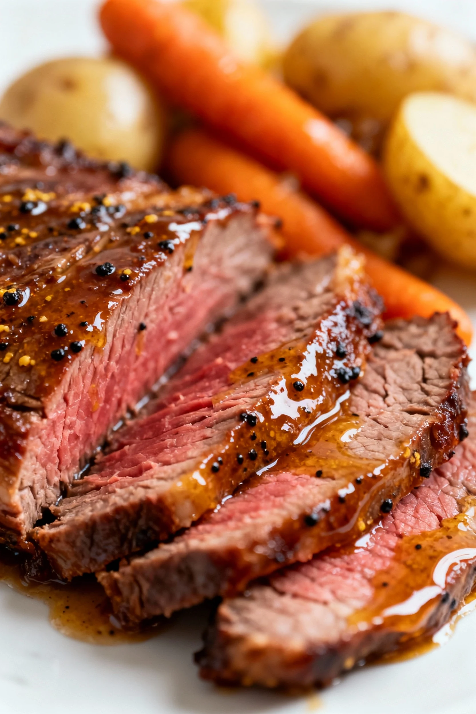 Close-up detail of caramelized mustard-honey glazed corned beef brisket, thin slices cut against the grain with glossy g