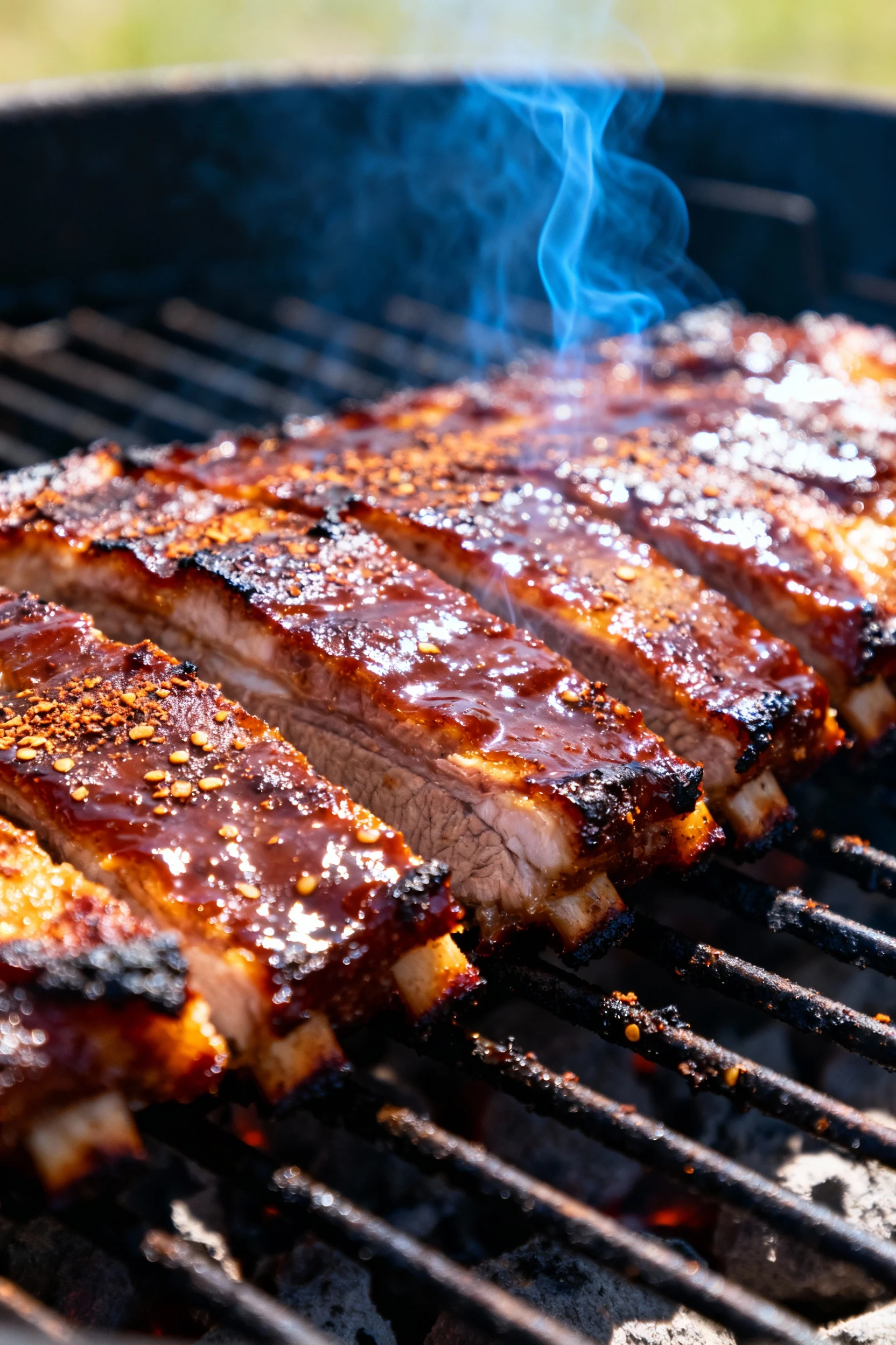 Close-up of lacquered baby back ribs on the hot zone as the BBQ glaze sets—mahogany bark, tacky shine, caramelized edges